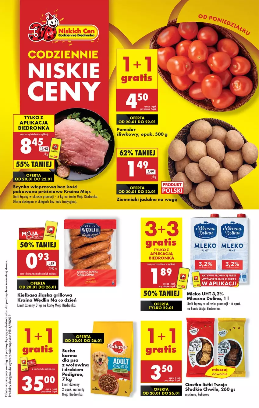 Gazetka promocyjna Biedronka - Od Poniedziałku - ważna 20.01 do 25.01.2025 - strona 1 - produkty: Ciastka, Grill, Kakao, Kiełbasa, Kiełbasa śląska, Kret, Mleko, Pedigree, Sucha karma, Szynka, Szynka wieprzowa, Ziemniaki