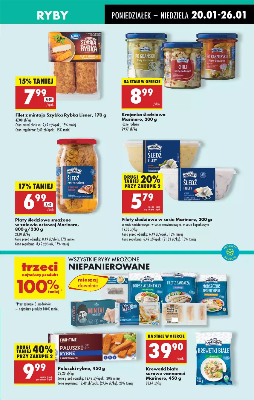 Gazetka promocyjna Biedronka - Od Poniedziałku - ważna 20.01 do 25.01.2025 - strona 39 - produkty: Filet z mintaja, Krajanka śledziowa, Krewetki, Lisner, Mintaj, Mus, Paluszki rybne, Płaty śledziowe, Sos