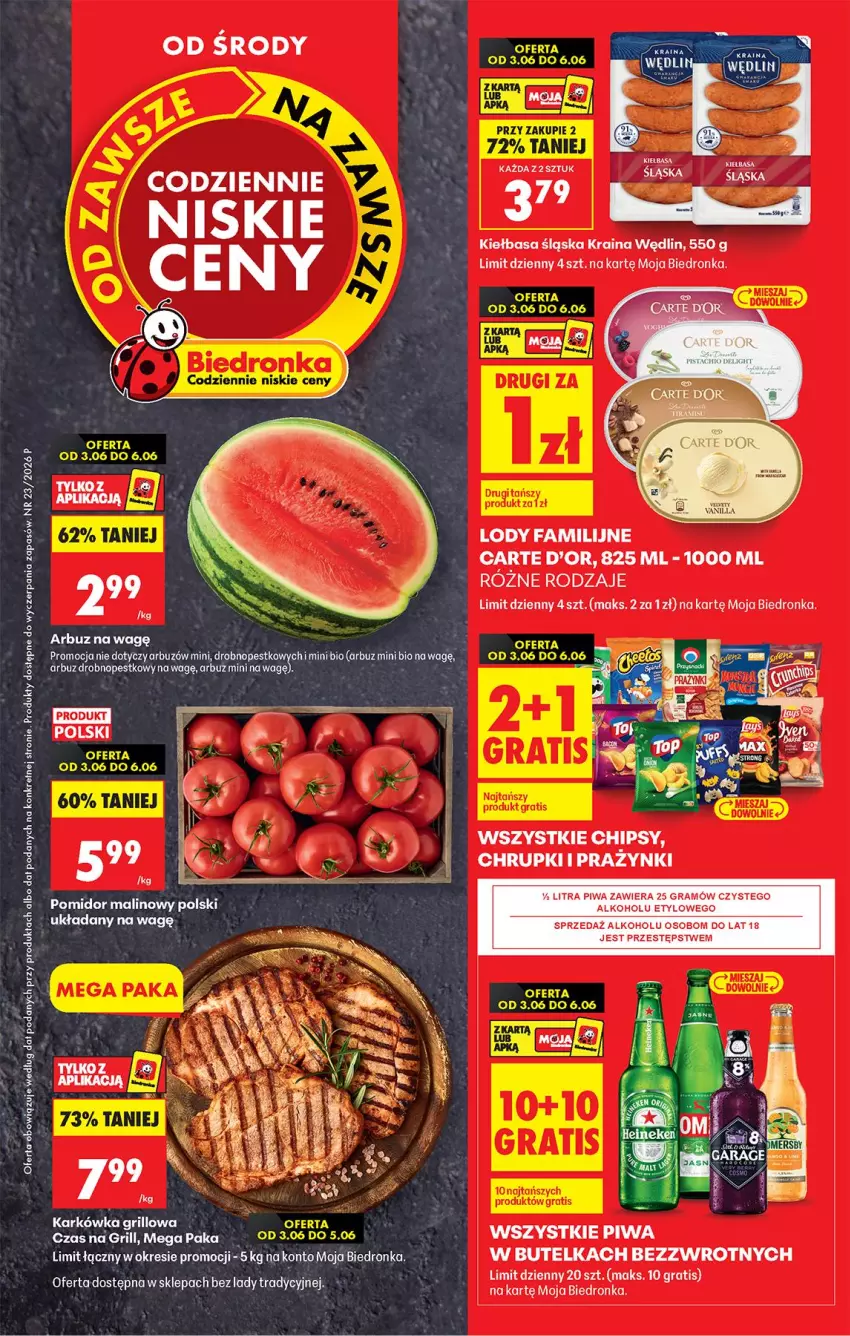 Gazetka promocyjna Biedronka - Od Środy - ważna 03.06 do 04.06.2026 - strona 1 - produkty: Arbuz, Carte d'Or, Chipsy, Chrupki, Fa, Gra, Grill, Kiełbasa, Kiełbasa śląska, Kret, Lody, Piwa, Pomidor malinowy, Por, Prazynki