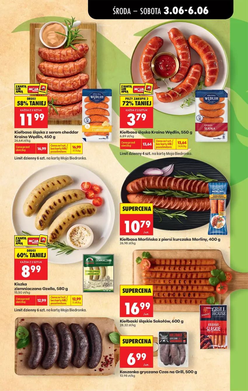 Gazetka promocyjna Biedronka - Od Środy - ważna 03.06 do 04.06.2026 - strona 15 - produkty: Cheddar, Grill, Gry, Kasza, Kaszanka, Kiełbasa, Kiełbasa śląska, Kiełbaski śląskie, Kurczak, Morliny, Ser, Sok, Sokołów