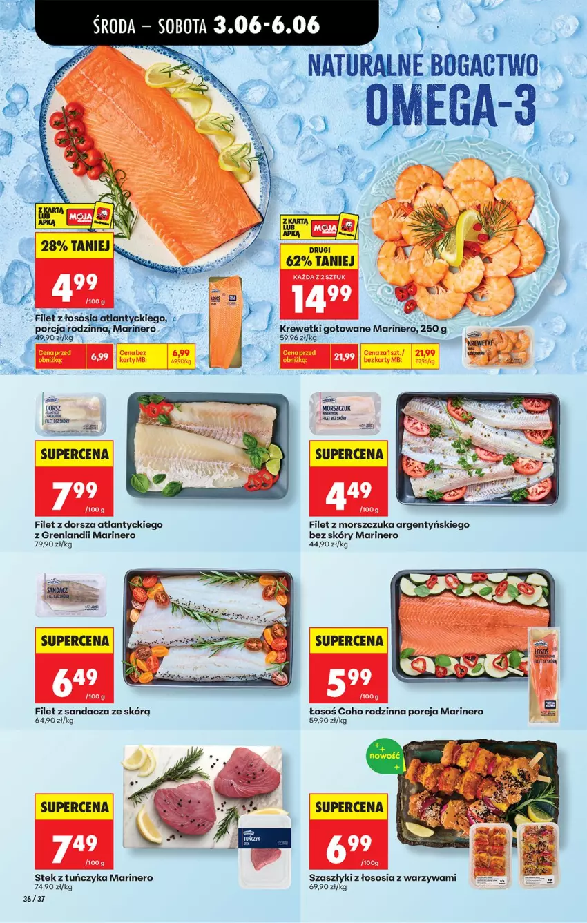 Gazetka promocyjna Biedronka - Od Środy - ważna 03.06 do 04.06.2026 - strona 38 - produkty: Dorsz, Fa, Filet z dorsza atlantyckiego, Filet z morszczuka, Filet z sandacza, Krewetki, Por, Sandacz, Sos, Stek, Tuńczyk, Warzywa