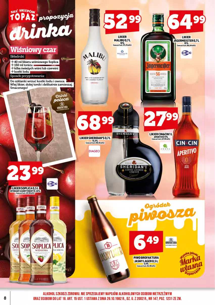 Gazetka promocyjna Topaz - Gazetka - ważna 01.08 do 17.08.2025 - strona 10 - produkty: Fa, Jagermeister, Lanki, LG, Likier, Malibu, Mięta, Olej, Owoce, Piwo, Rum, Sheridan's, Soplica, Tonik