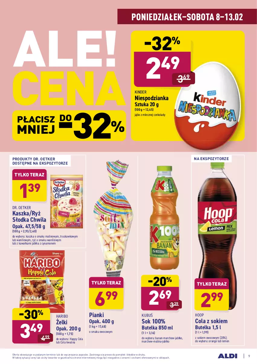 Gazetka promocyjna Aldi - ALE! CENA w ALDI - ważna 08.02 do 13.02.2021 - strona 9 - produkty: Dr. Oetker, Haribo, Hoop, Jabłka, Kawa, Kinder, Kubuś, Ryż, Słodka Chwila, Sok, Tera