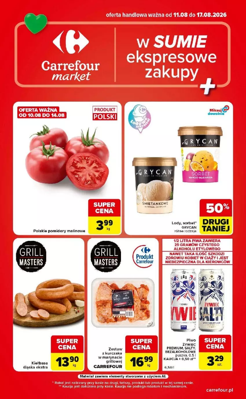 Gazetka promocyjna Carrefour - Gazetka Market w SUMIE ekspresowe zakupy - ważna 11.08 do 17.08.2026 - strona 1 - produkty: Fa, Gin, Gra, Grill, Gry, Kiełbasa, Kurczak, LG, Lody, Piec, Piwa, Piwo, Pomidory, Rama