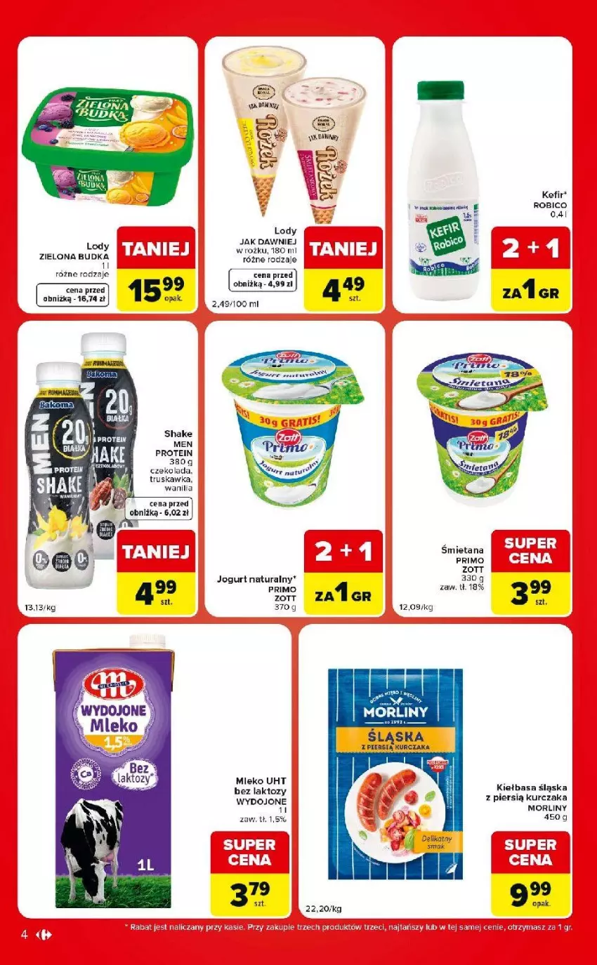 Gazetka promocyjna Carrefour - Gazetka Market w SUMIE ekspresowe zakupy - ważna 11.08 do 17.08.2026 - strona 4 - produkty: Jogurt, Jogurt naturalny, Kiełbasa, Kiełbasa śląska, Kurczak, Lody, Mleko, Morliny, Por, Zielona Budka, Zott