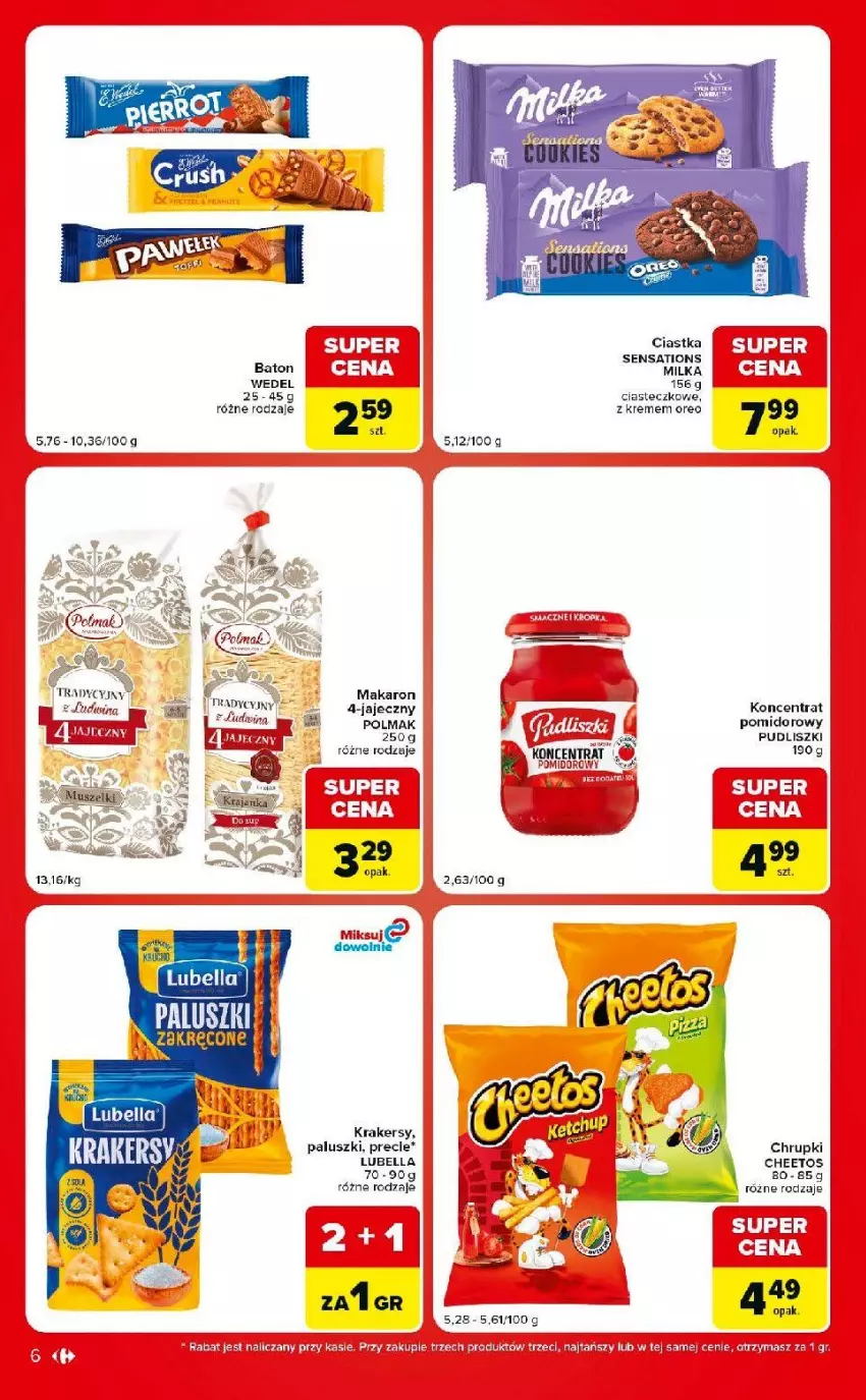 Gazetka promocyjna Carrefour - Gazetka Market w SUMIE ekspresowe zakupy - ważna 11.08 do 17.08.2026 - strona 6 - produkty: Bell, Bella, Cheetos, Chrupki, Ciastka, Fa, Koncentrat pomidorowy, Krakersy, Lubella, Makaron, Milka, Olma, Oreo, Precle, Pudliszki, Sati, Ser