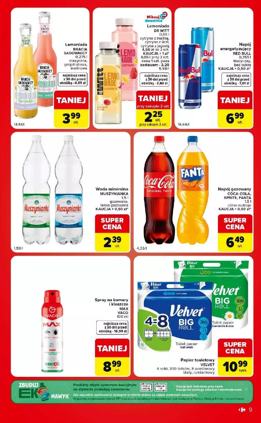 Gazetka promocyjna Carrefour - Gazetka Market w SUMIE ekspresowe zakupy - ważna 11.08 do 17.08.2026 - strona 9 - produkty: Fa, Fanta, Grejpfrut, Lemoniada, Liczi, Mus, Muszynianka, Napój, Napój gazowany, Papier, Papier toaletowy, Red Bull, Rolki, Rum, Sprite, Velvet