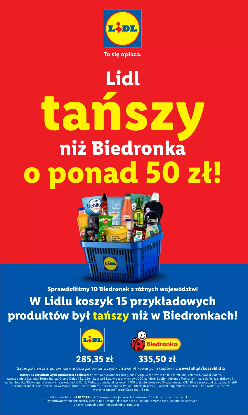 Gazetka promocyjna Lidl - GAZETKA - ważna 13.10 do 15.10.2025 - strona 13 - produkty: BEBILON, Chrzan, Dallmayr, Discreet, Dżem, Fructis, Garnier, Gra, Grejpfrut, Hortex, Kawa, Kokos, Kosz, Kujawski, Lack, Mleko, Mleko Bebilon, Nektar, Olej, Perwoll, Płyn do prania, Por, Pur, Rama, Sok, Sos, Wkładki, Worki na śmiec, Worki na śmieci