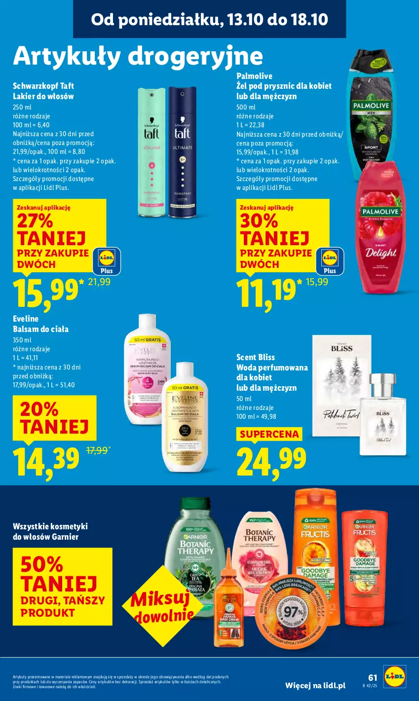 Gazetka promocyjna Lidl - GAZETKA - ważna 13.10 do 15.10.2025 - strona 61 - produkty: Balsam do ciała, Eveline, Garnier, Lakier, Lakier do włosów, Palmolive, Perfum, Schwarzkopf, Taft, Woda, Woda perfumowana