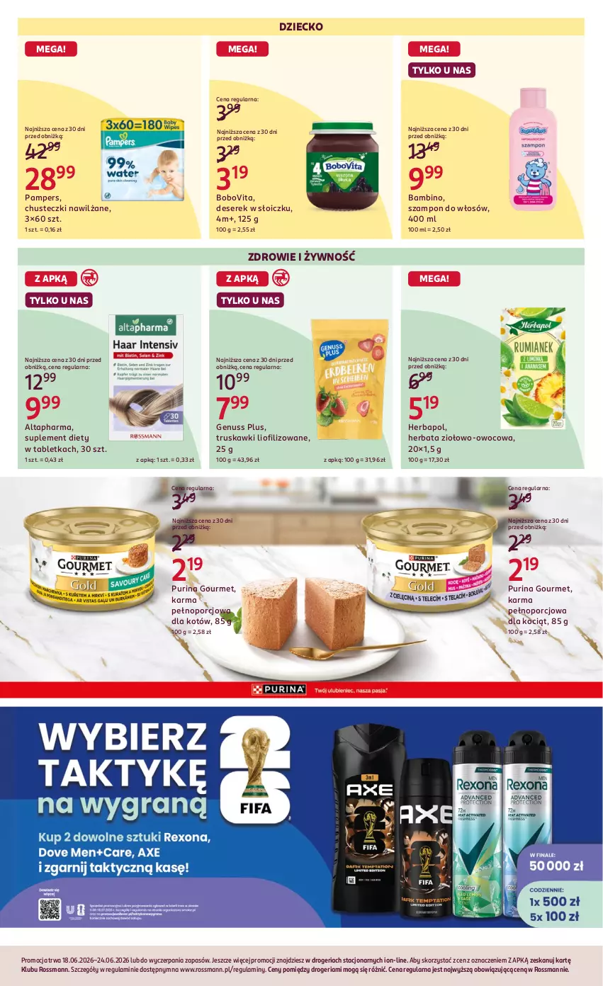 Gazetka promocyjna Rossmann - Gazetka promocyjna Rossmanna - ważna 18.06 do 24.06.2026 - strona 7 - produkty: BoboVita, Chusteczki, Deser, Genuss Plus, Herbapol, Herbata, Koc, Pampers, Por, Pur, Purina, Ser, Serek, Suplement diety, Szampon, Tablet, Truskawki, Zdrowie