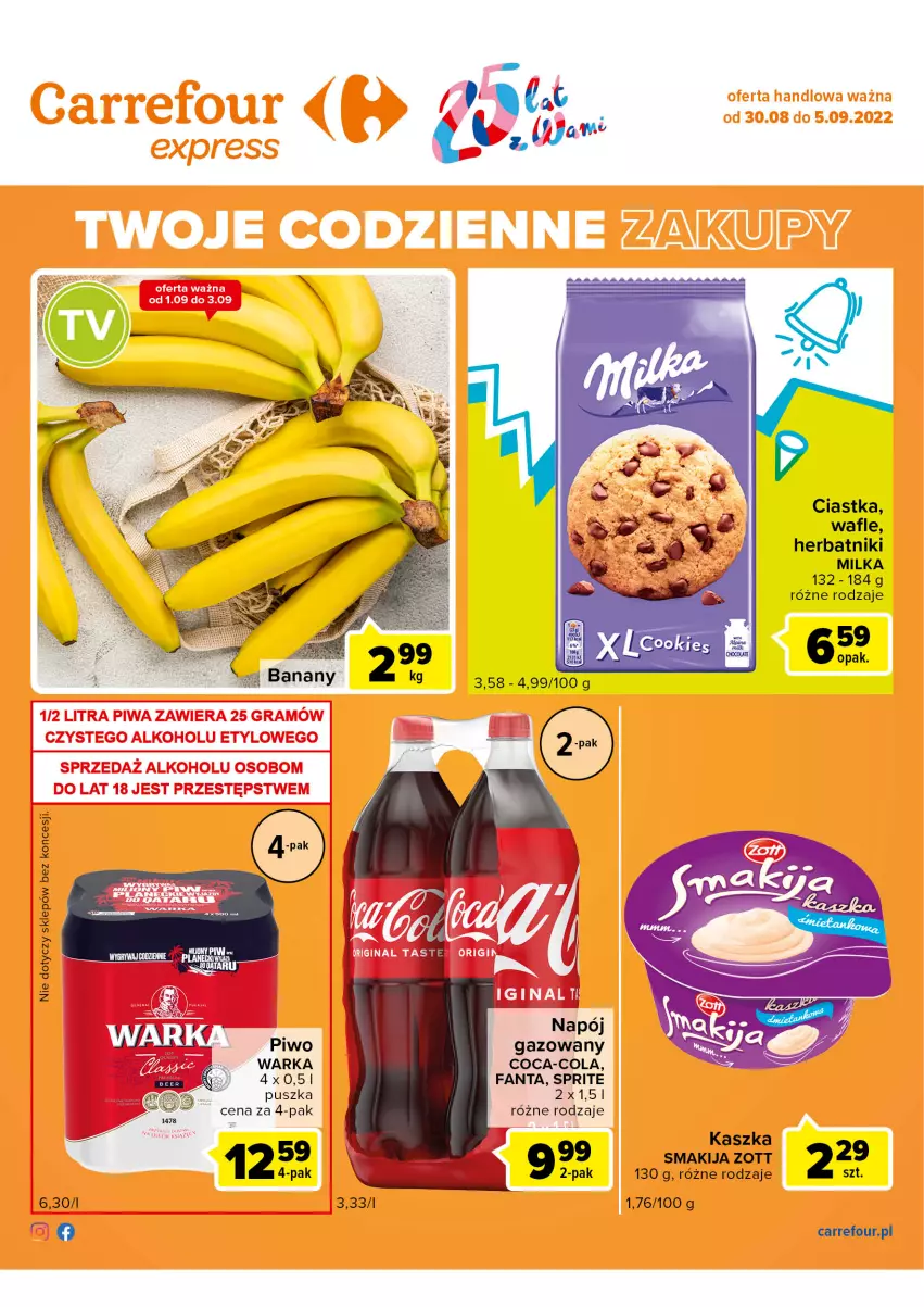 Gazetka promocyjna Carrefour - Gazetka Express - ważna 30.08 do 05.09.2022 - strona 2 - produkty: Ciastka, Coca-Cola, Fa, Fanta, Herbatniki, Milka, Napój, Piwo, Smakija, Sprite, Wafle, Warka, Zott