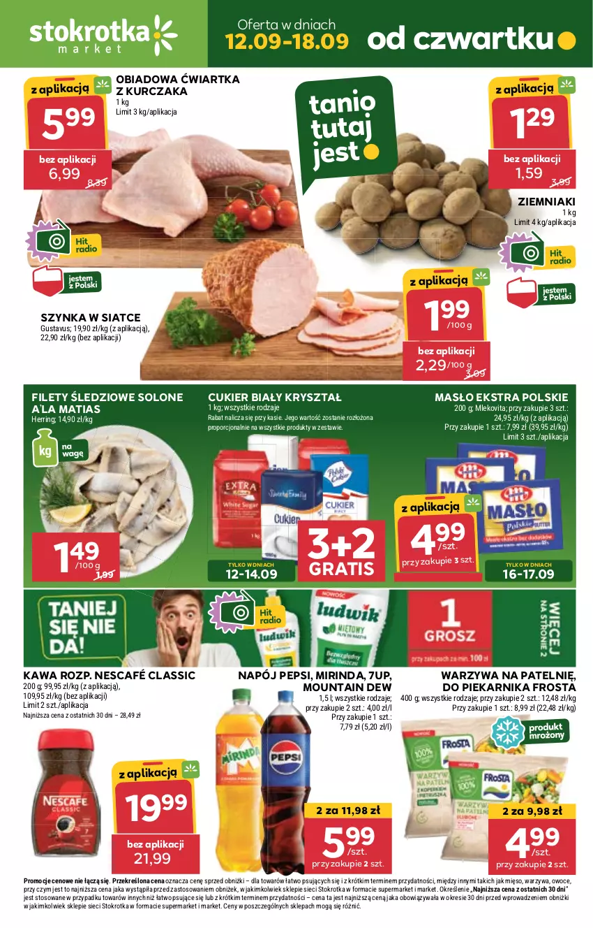 Gazetka promocyjna Stokrotka - Market - ważna 12.09 do 18.09.2024 - strona 1 - produkty: 7up, Cukier, Frosta, Gra, Kawa, Kurczak, Masło, Mięso, Mirinda, Mleko, Mlekovita, Napój, Nescafé, Owoce, Pepsi, Piekarnik, Por, Szynka, Warzywa, Ziemniaki