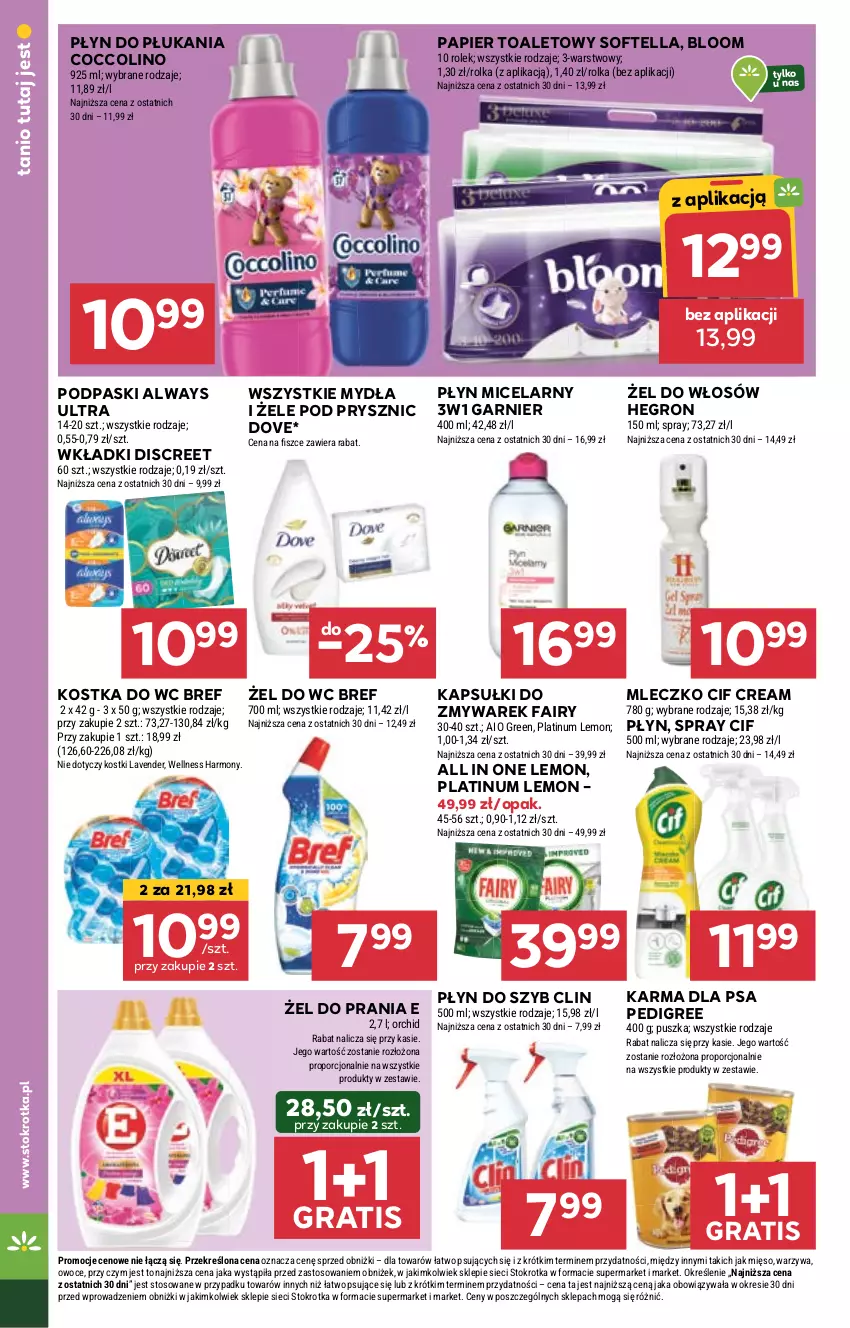 Gazetka promocyjna Stokrotka - Market - ważna 12.09 do 18.09.2024 - strona 16 - produkty: Always, Always Ultra, Bref, Cif, Clin, Coccolino, Discreet, Dove, Fa, Fairy, Garnier, Gra, Hegron, Kostka do wc, Mięso, Mleczko, Owoce, Papier, Papier toaletowy, Pedigree, Płyn do płukania, Płyn do szyb, Płyn micelarny, Podpaski, Por, Warzywa, Wkładki