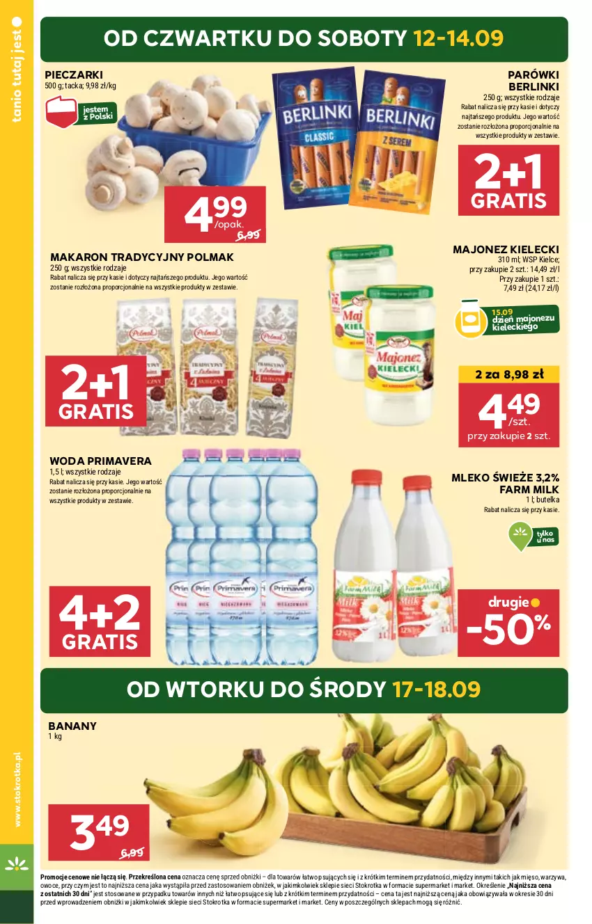 Gazetka promocyjna Stokrotka - Market - ważna 12.09 do 18.09.2024 - strona 4 - produkty: Banany, Berlinki, Fa, Farm Milk, Gra, Majonez, Makaron, Mięso, Mleko, Olma, Owoce, Parówki, Piec, Por, Prima, Primavera, Warzywa, Woda