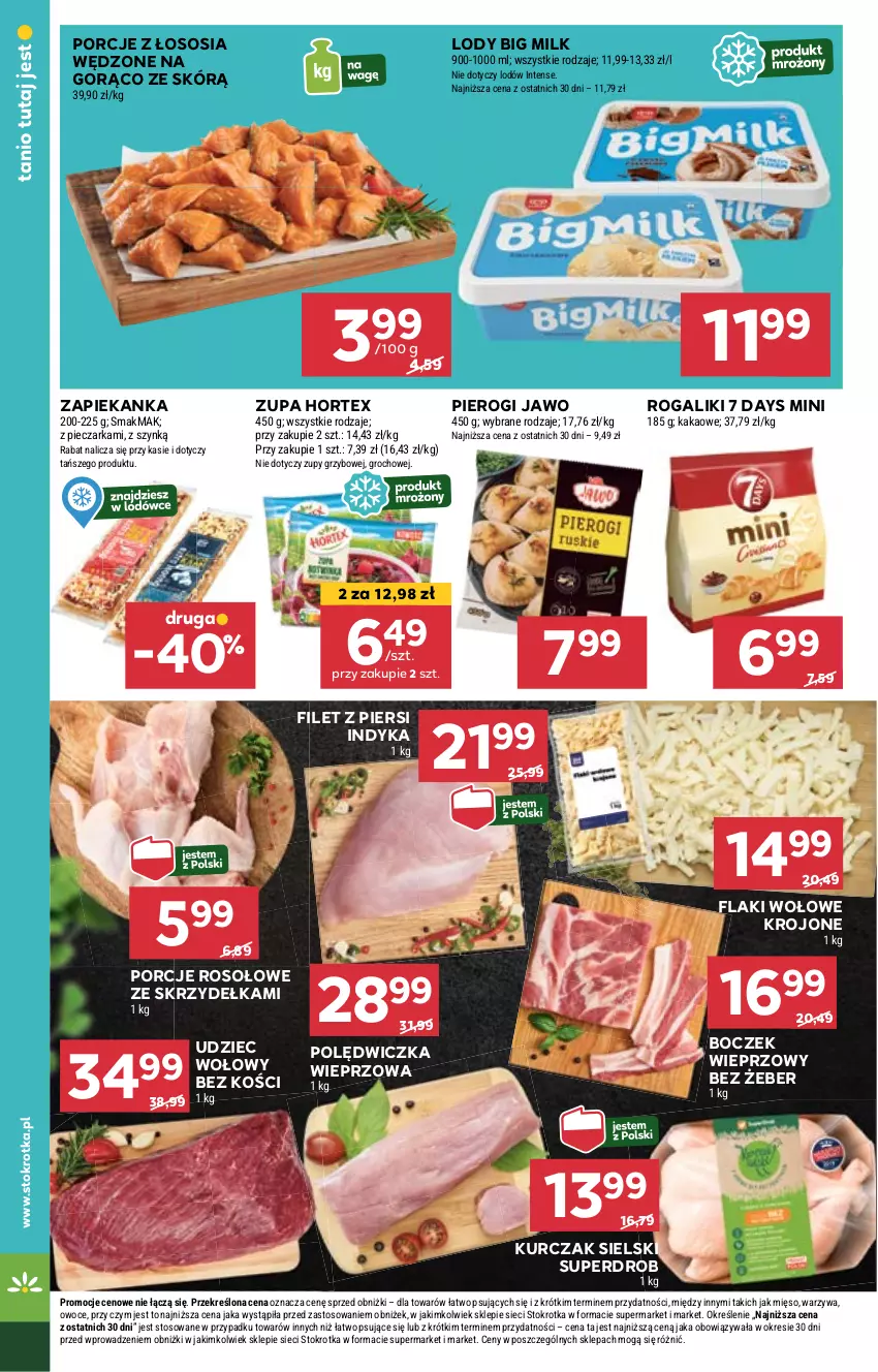 Gazetka promocyjna Stokrotka - Market - ważna 12.09 do 18.09.2024 - strona 8 - produkty: 7 Days, Big Milk, Boczek, Boczek wieprzowy, Filet z piersi indyka, Flaki, Flaki wołowe, Groch, Hortex, Kakao, Kurczak, Lody, Mięso, Owoce, Piec, Pieczarka, Pierogi, Polędwiczka wieprzowa, Por, Rogal, Sos, Udziec wołowy, Warzywa, Zapiekanka, Zupa