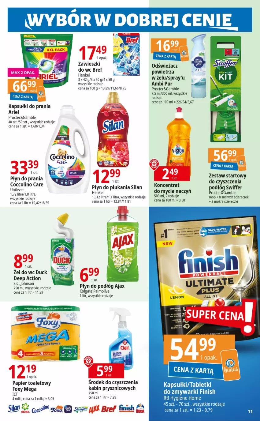 Gazetka promocyjna E Leclerc - ważna 16.01 do 20.01.2024 - strona 11 - produkty: Ajax, Ambi Pur, Ariel, Coccolino, Colgate, Do mycia naczyń, Duck, Foxy, Gin, Kapsułki do prania, LG, Mop, Palmolive, Papier, Papier toaletowy, Płyn do płukania, Pur, Rolki, Silan, Tera, Woda