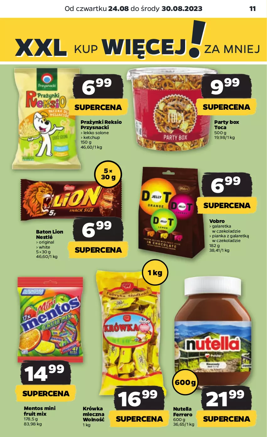 Gazetka promocyjna Netto - Artykuły spożywcze - ważna 24.08 do 30.08.2023 - strona 11 - produkty: Baton, Ferrero, Gala, Galaretka, Gin, Ketchup, Lion, Mentos, Nestlé, Nutella, Przysnacki