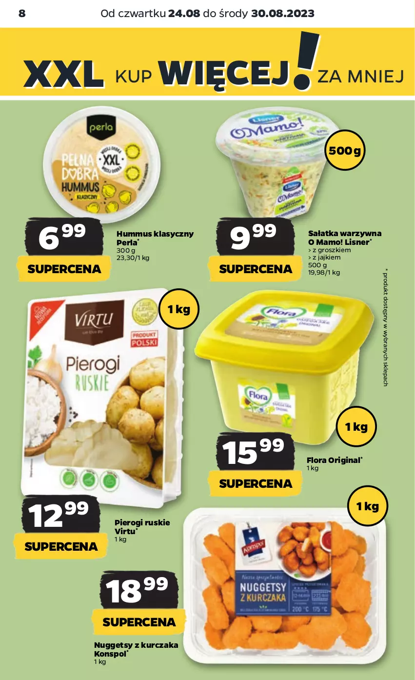 Gazetka promocyjna Netto - Artykuły spożywcze - ważna 24.08 do 30.08.2023 - strona 8 - produkty: Flora, Gin, Hummus, Kurczak, Lisner, Mus, Pierogi, Sałat, Sałatka, Sałatka warzywna, Virtu