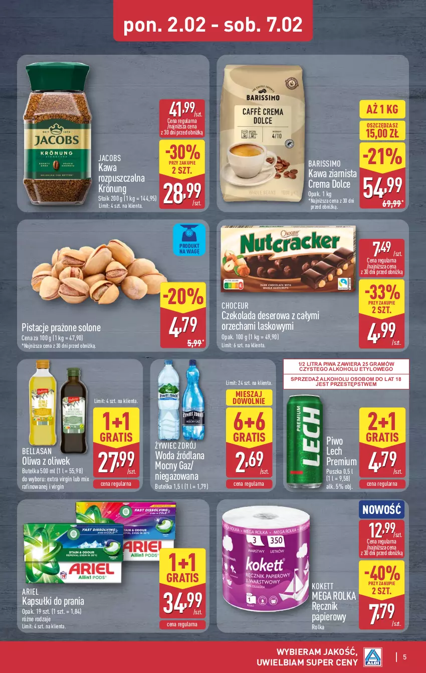 Gazetka promocyjna Aldi - Oferta weekendowa - ważna 05.02 do 07.02.2026 - strona 5 - produkty: Ariel, Bell, Bella, Czekolada, Deser, Gin, Gra, Jacobs, Kapsułki do prania, Kawa, Kawa rozpuszczalna, Kawa ziarnista, LANA, Lech Premium, Oliwa, Oliwa z oliwek, Papier, Pistacje, Piwa, Piwo, Ręcznik, Ser, Woda