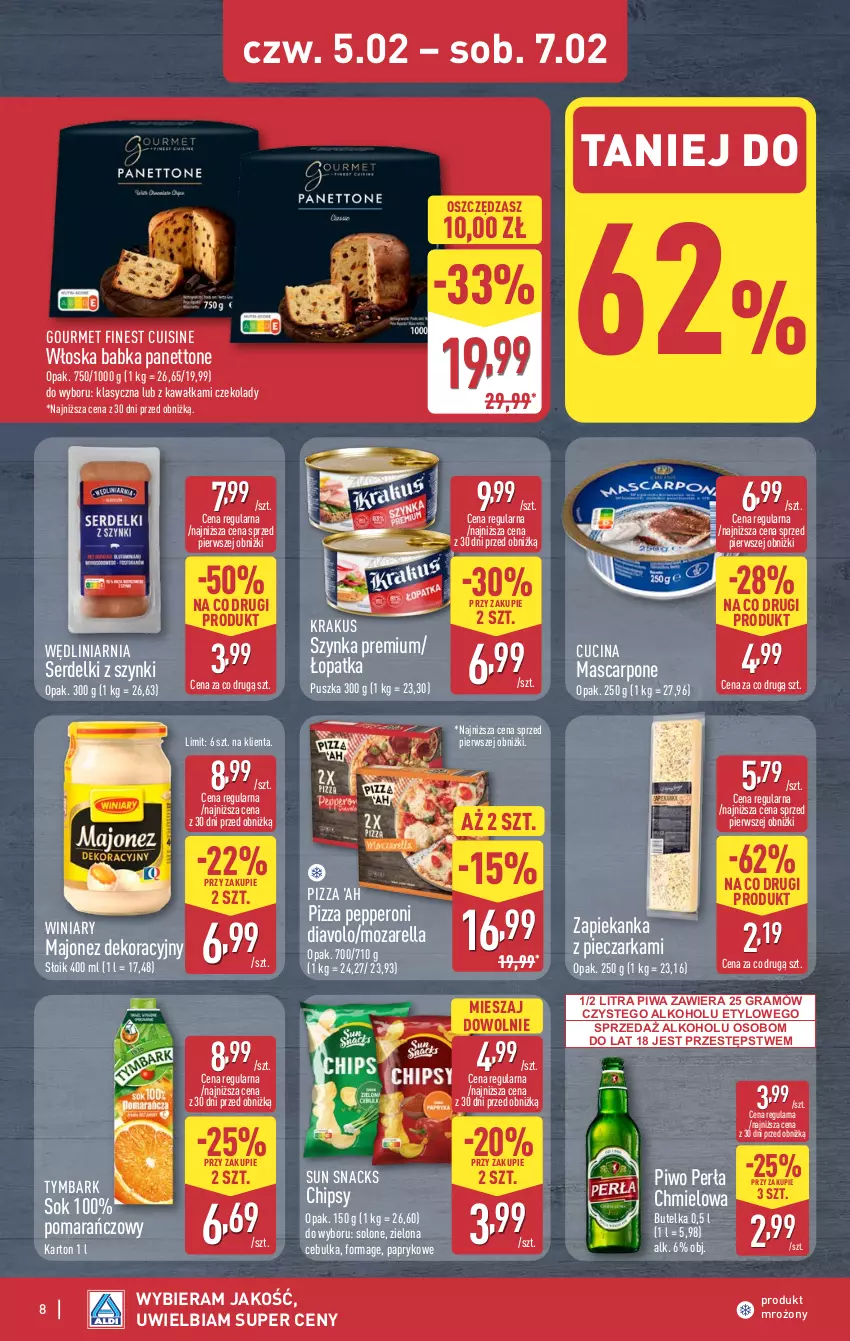 Gazetka promocyjna Aldi - Oferta weekendowa - ważna 05.02 do 07.02.2026 - strona 8 - produkty: Babka, Chipsy, Gra, Kawa, Krakus, Majonez, Mascarpone, Perła, Piec, Pieczarka, Piwa, Piwo, Pizza, Ser, Serdelki, Sok, Szynka, Szynka premium, Tymbark, Winiary, Zapiekanka