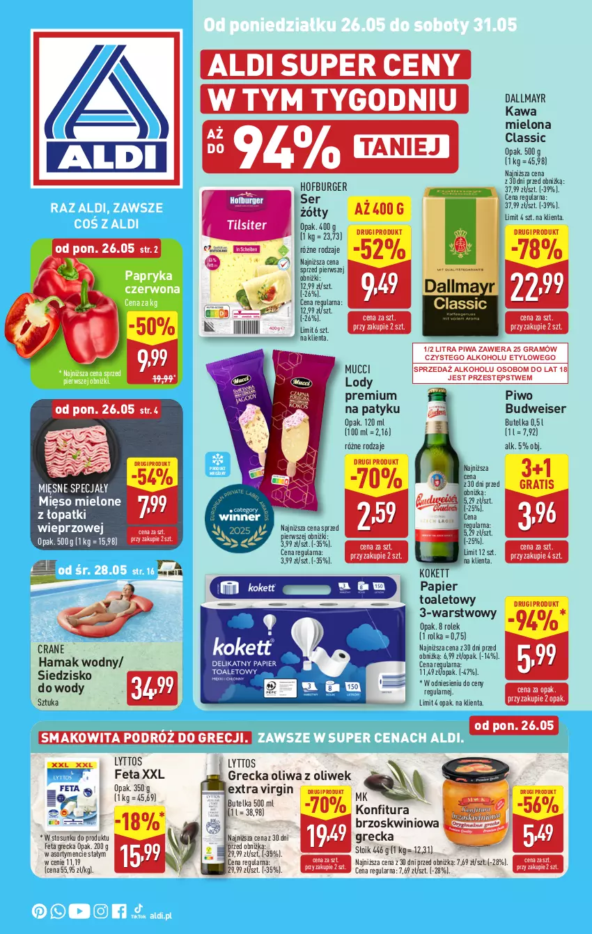 Gazetka promocyjna Aldi - Pełna oferta - ważna 26.05 do 31.05.2025 - strona 1 - produkty: Burger, Dallmayr, Feta, Gin, Gra, Hama, Hofburger, Kawa, Kawa mielona, Konfitura, Lody, Mięsne specjały, Mięso, Mięso mielone, Mięso mielone z łopatki wieprzowej, Oliwa, Oliwa z oliwek, Papier, Papier toaletowy, Papryka, Papryka czerwona, Piwa, Piwo, Ser, Siedzisko, Smakowita