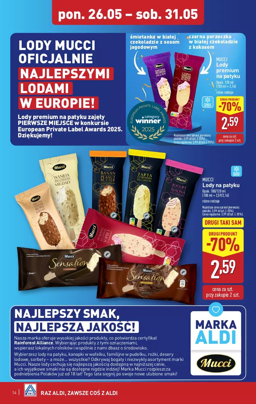 Gazetka promocyjna Aldi - Pełna oferta - ważna 26.05 do 31.05.2025 - strona 14 - produkty: Deser, Fa, Kokos, Lody, Por, Rolnik, Ser, Sok, Sos