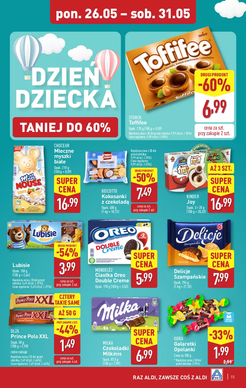 Gazetka promocyjna Aldi - Pełna oferta - ważna 26.05 do 31.05.2025 - strona 15 - produkty: Ciastka, Delicje, Gala, Galaretki, Kinder, Kokos, Lanki, Lubisie, Milka, Mysz, Oreo, Prince Polo, Sanki, Toffifee
