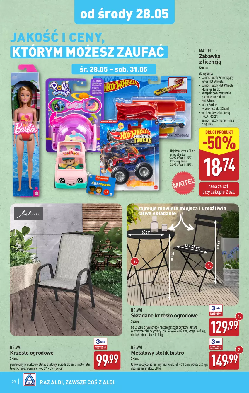 Gazetka promocyjna Aldi - Pełna oferta - ważna 26.05 do 31.05.2025 - strona 28 - produkty: Barbie, Chodzik, Fa, Hot Wheels, Krzesło, Krzesło ogrodowe, Lalka, Mattel, Monster truck, Polly Pocket, Samochodziki, Sok, Stolik, Waga, Wyrzutnia, Zabawka