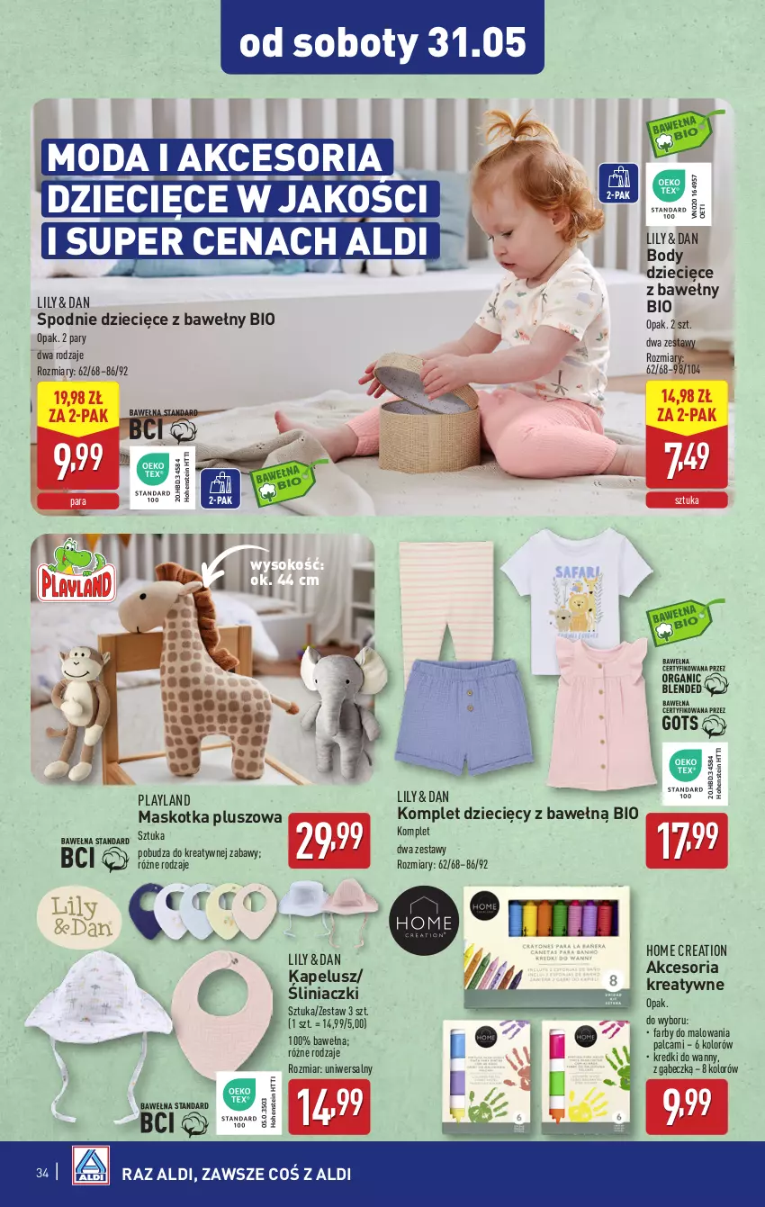 Gazetka promocyjna Aldi - Pełna oferta - ważna 26.05 do 31.05.2025 - strona 34 - produkty: Body, Dzieci, Fa, Maskotka pluszowa, Moda, Sok, Spodnie, Wełna