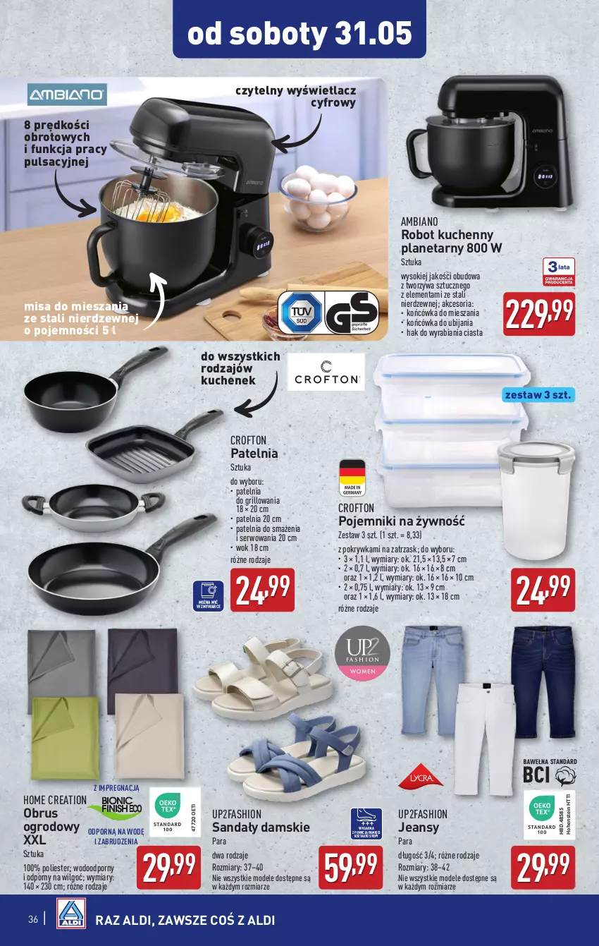 Gazetka promocyjna Aldi - Pełna oferta - ważna 26.05 do 31.05.2025 - strona 36 - produkty: Fa, Grill, LG, Obrus, Patelnia, Pojemnik, Por, Robot, Sandał, Ser, Sok, Top