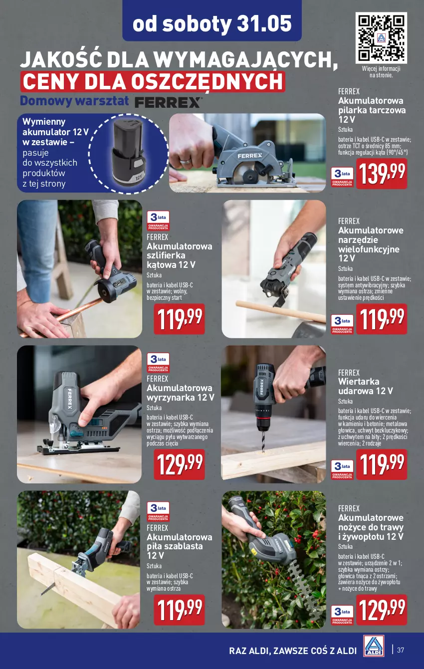 Gazetka promocyjna Aldi - Pełna oferta - ważna 26.05 do 31.05.2025 - strona 37 - produkty: Akumulator, Bateria, Kabel USB, Noż, Nożyce, Piec, Pilarka tarczowa, Szlifierka, Szlifierka kątowa, Tarka, Wiertarka, Wiertarka udarowa, Wyrzynarka