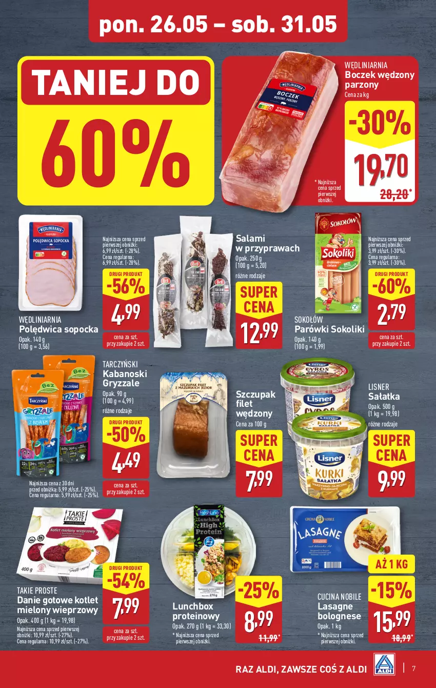 Gazetka promocyjna Aldi - Pełna oferta - ważna 26.05 do 31.05.2025 - strona 7 - produkty: Boczek, Danie gotowe, Gry, Kabanos, Kotlet, Lasagne, Lasagne bolognese, Lisner, Parówki, Parówki sokoliki, Polędwica, Salami, Sałat, Sałatka, Sok, Sokołów, Tarczyński, Zupa