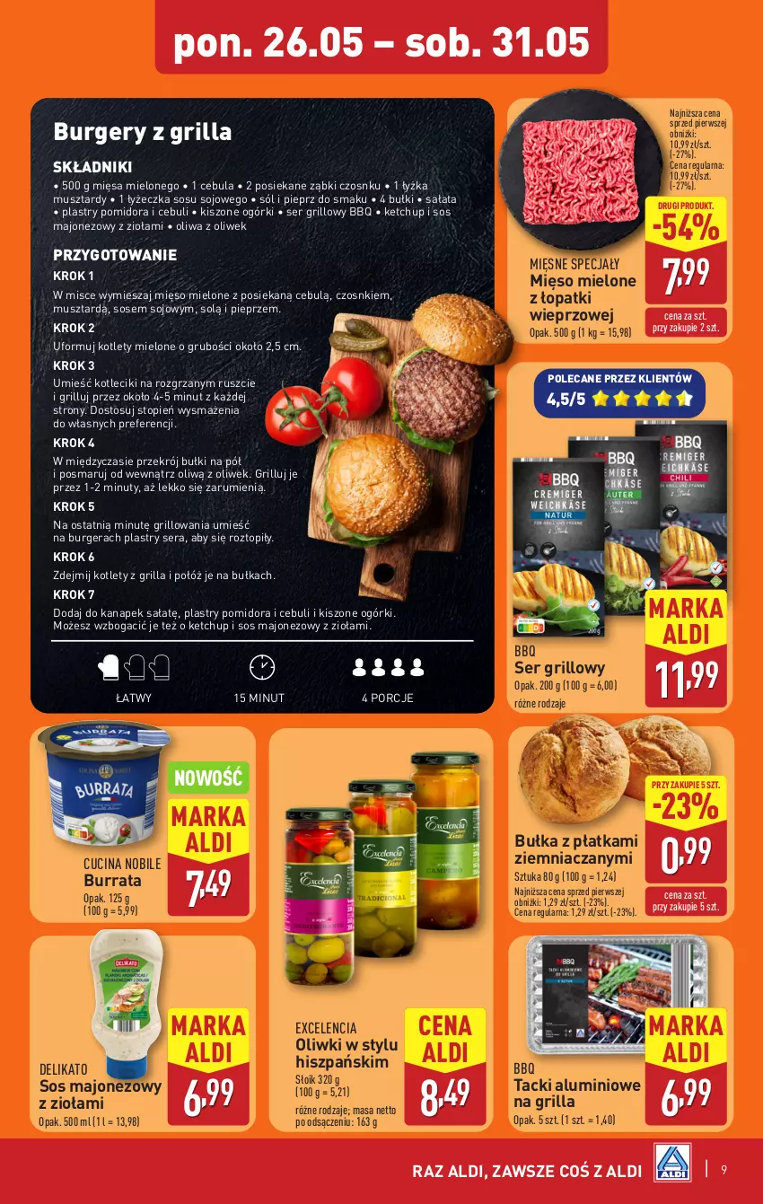 Gazetka promocyjna Aldi - Pełna oferta - ważna 26.05 do 31.05.2025 - strona 9 - produkty: Bułka, Burger, Burrata, Cebula, Grill, Ketchup, Kotlet, Majonez, Mięsne specjały, Mięso, Mięso mielone, Mięso mielone z łopatki wieprzowej, Mus, Nuty, Oliwa, Oliwa z oliwek, Oliwki, Pieprz, Por, Rum, Sałat, Ser, Sól, Sos, Top