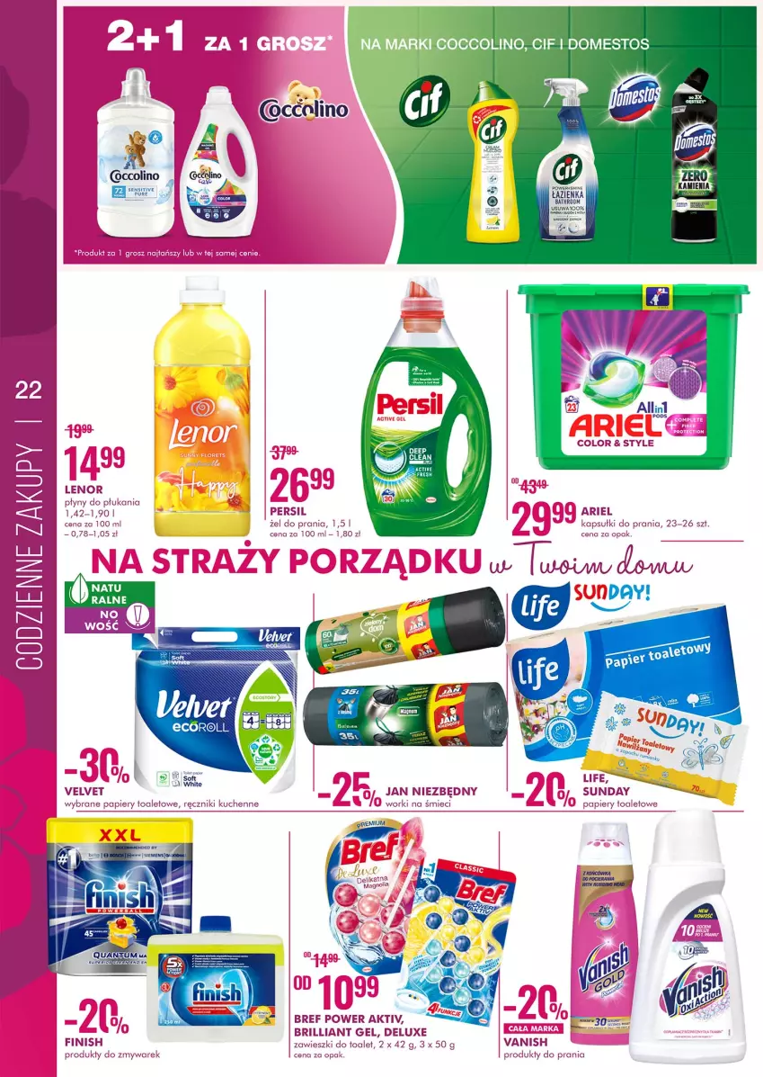 Gazetka promocyjna Super Pharm - Gazetka - ważna 03.03 do 16.03.2022 - strona 22 - produkty: Ariel, Bref, Fa, Finish, Jan Niezbędny, Kapsułki do prania, Lenor, Papier, Persil, Produkty do zmywarek, Ręcznik, Vanish, Velvet, Worki na śmiec, Worki na śmieci, Zawieszki