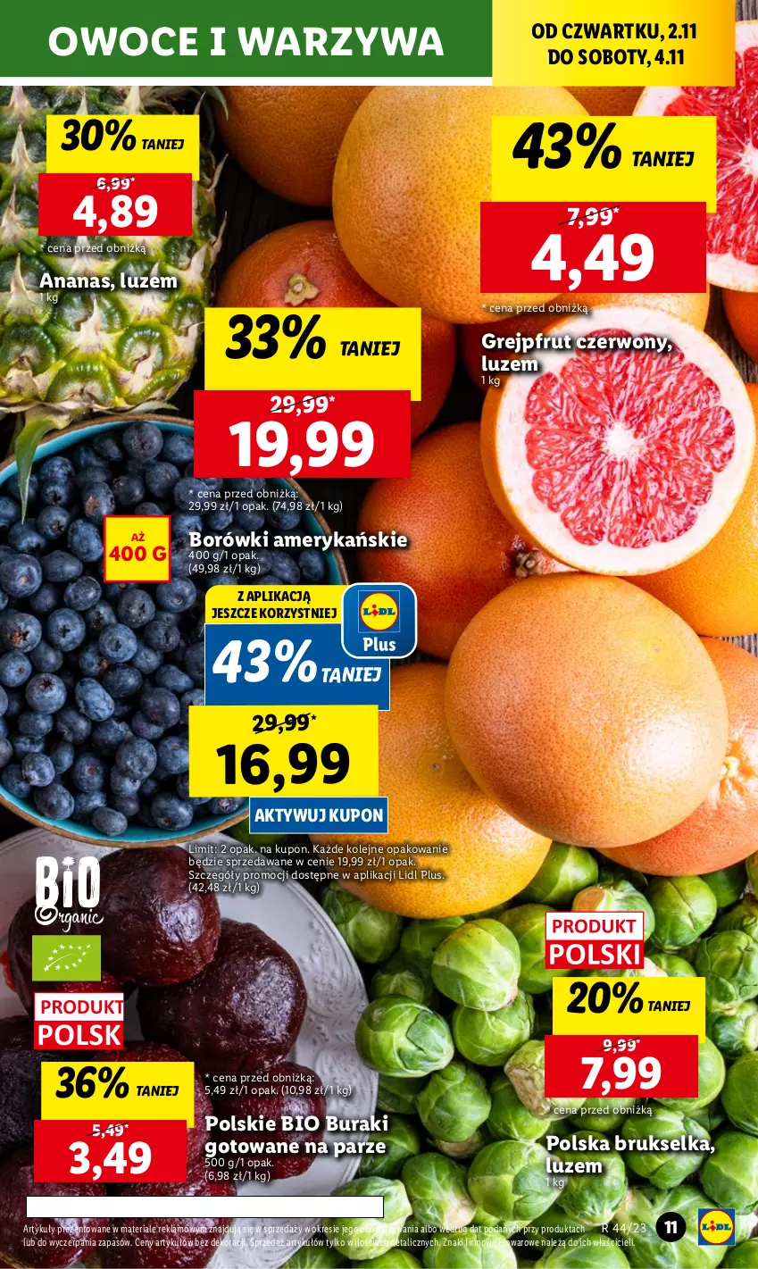 Gazetka promocyjna Lidl - GAZETKA - ważna 02.11 do 04.11.2023 - strona 23 - produkty: Ananas, Brukselka, Buraki, Grejpfrut, Olej, Owoce, Warzywa