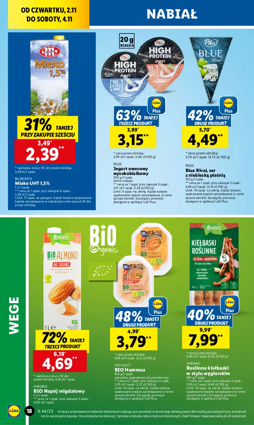 Gazetka promocyjna Lidl - GAZETKA - ważna 02.11 do 04.11.2023 - strona 30 - produkty: Hummus, Jogurt, Jogurt owocowy, Mleko, Mlekovita, Mus, Napój, Olej, Pilos, Roślinne kiełbaski, Ser, Sok