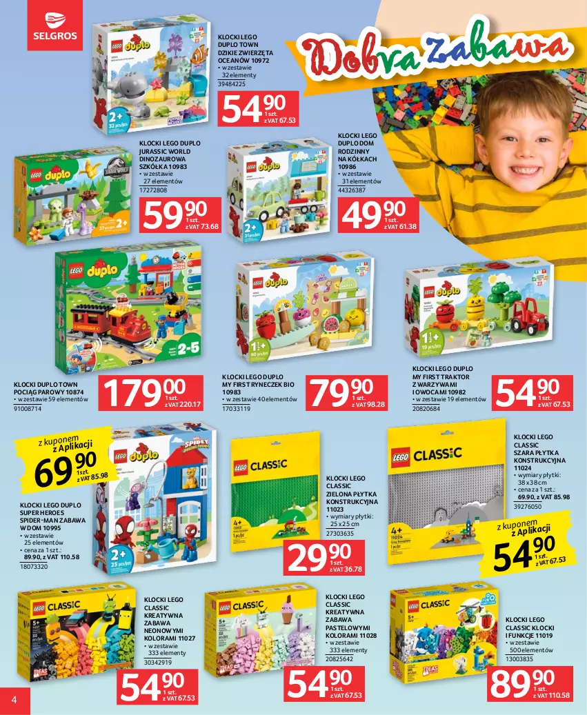 Gazetka promocyjna Selgros - Katalog Dzień Dziecka - ważna 18.05 do 31.05.2023 - strona 4 - produkty: Dinozaur, Jurassic World, Klocki, LEGO, LEGO Classic, LEGO Duplo, Płytka, Pociąg, Traktor, Warzywa, Zwierzęta