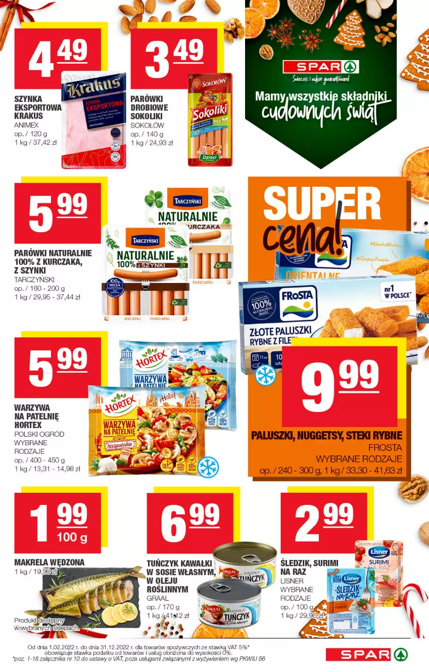 Gazetka promocyjna Spar - Spar - ważna 27.11 do 07.12.2022 - strona 9 - produkty: Frosta, Gra, Graal, Hortex, Kawa, Krakus, Kurczak, Lisner, Olej, Parówki, Por, Sok, Sokołów, Sos, Sport, Stek, Surimi, Szynka, Tarczyński, Tuńczyk, Warzywa