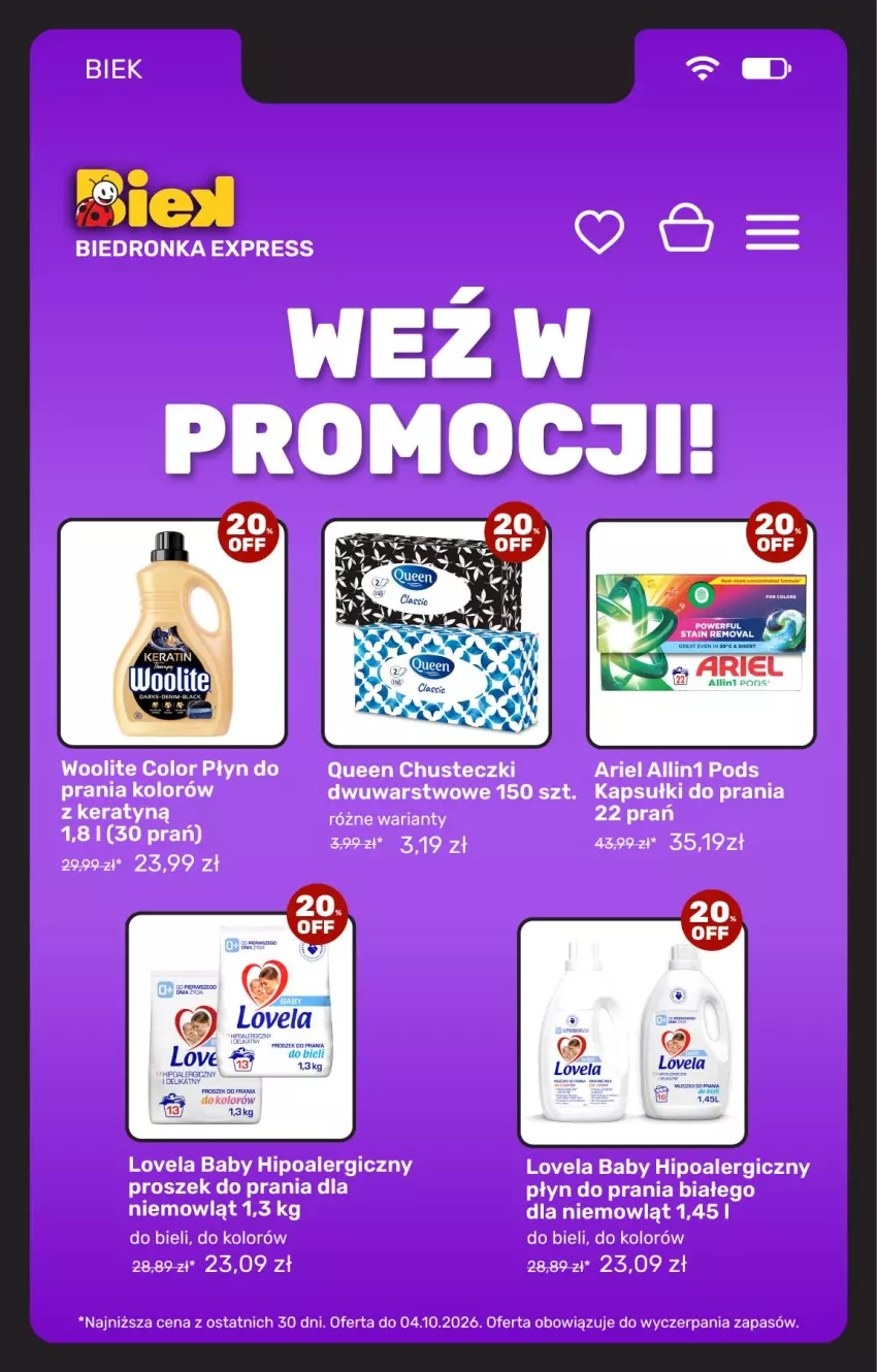 Gazetka promocyjna Biedronka - BIEK - ważna 02.10 do 09.10.2026 - strona 15 - produkty: Ariel, Chusteczki, Hipoalergiczny proszek, Kapsułki do prania, Lovela, Płyn do prania, Proszek do prania, Woolite