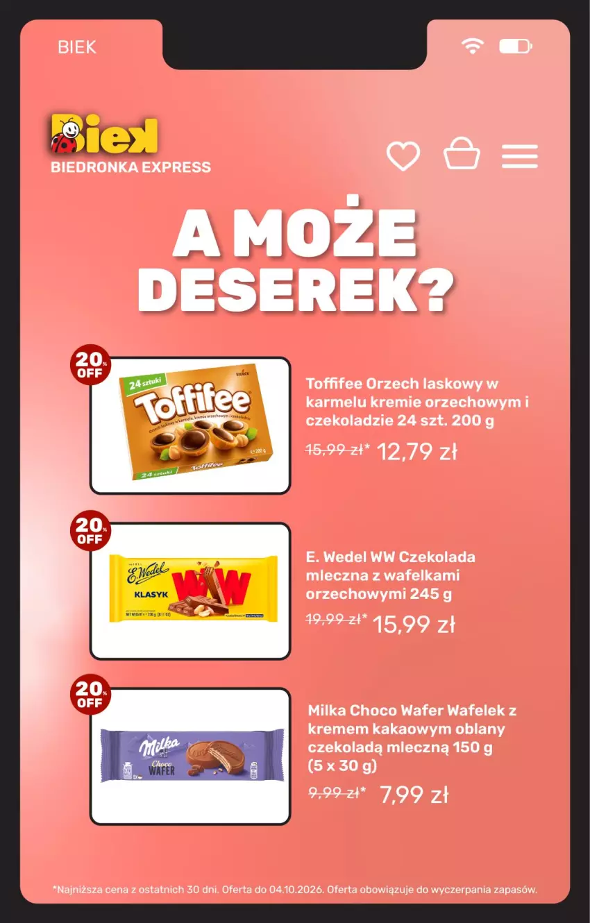 Gazetka promocyjna Biedronka - BIEK - ważna 02.10 do 09.10.2026 - strona 26 - produkty: Czekolada, Czekolada mleczna, E. Wedel, Kakao, Milka, Toffifee, Wafelek