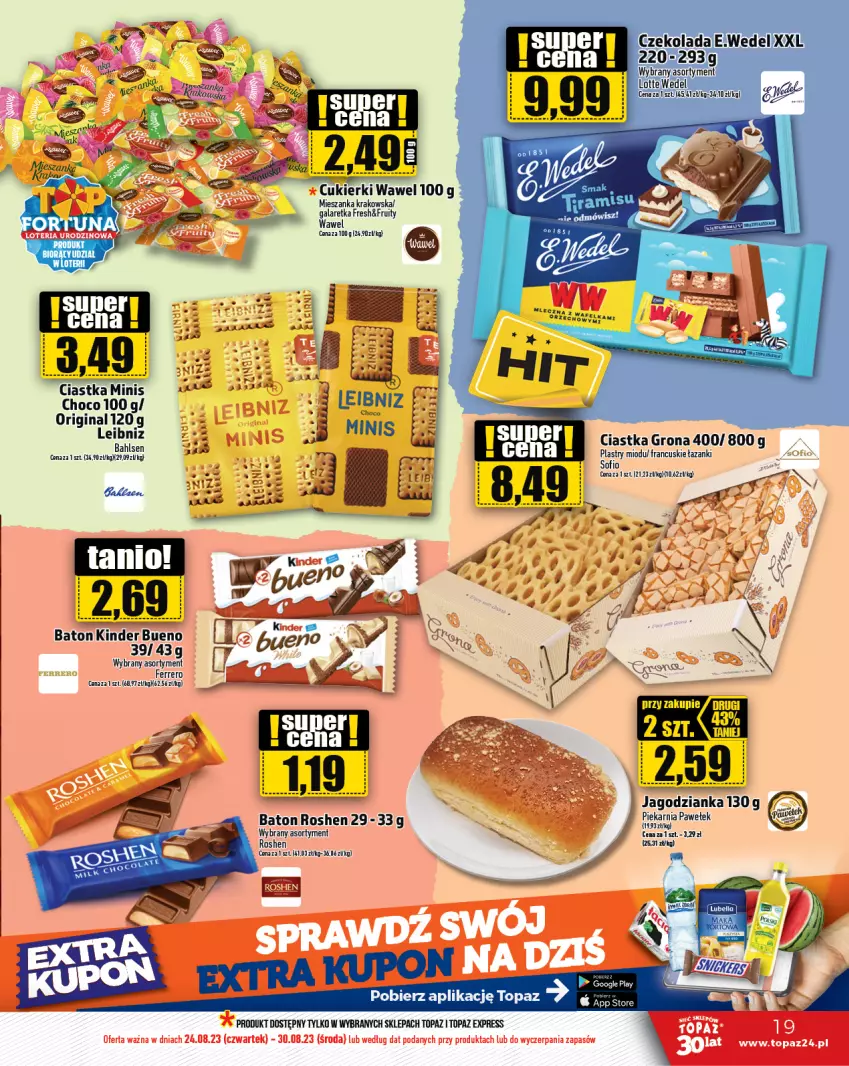 Gazetka promocyjna Topaz - Gazetka - ważna 24.08 do 30.08.2023 - strona 19 - produkty: Baton, Ciastka, Cukier, Cukierki, Ferrero, Gala, Galaretka, Gin, Jagodzianka, Kinder, Kinder Bueno, Top, Wawel