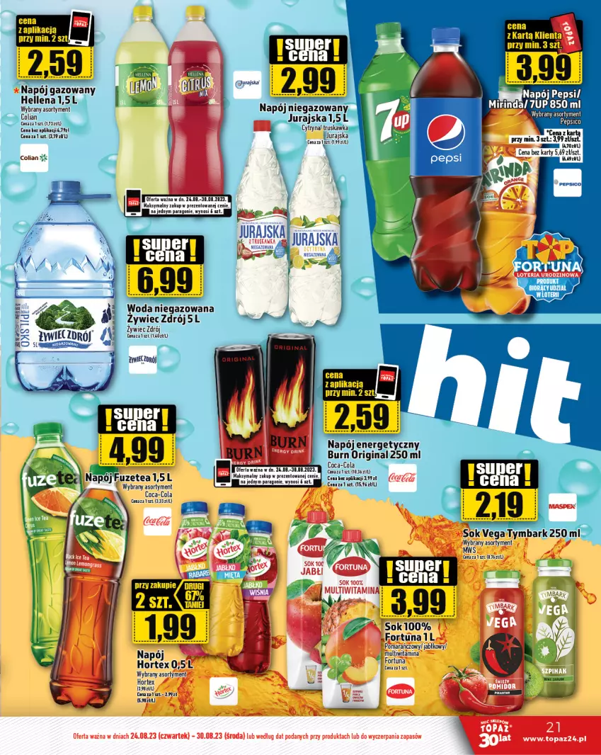 Gazetka promocyjna Topaz - Gazetka - ważna 24.08 do 30.08.2023 - strona 21 - produkty: 7up, Coca-Cola, Fortuna, Gin, Hortex, K2, Napój, Napój niegazowany, Pepsi, Sok, Tymbark, Woda, Woda niegazowana