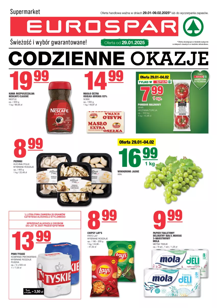 Gazetka promocyjna Spar - EuroSpar - ważna 26.01 do 05.02.2025 - strona 1 - produkty: Chipsy, Kapustą, Kawa, Kawa rozpuszczalna, Kuchnia, Masło, Mola, Papier, Papier toaletowy, Pierogi, Piwo, Pomidor malinowy, Tyskie, Wino