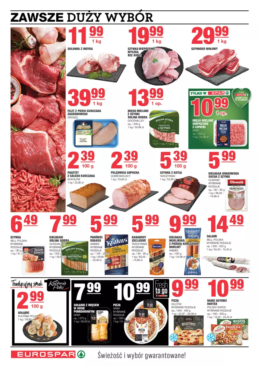 Gazetka promocyjna Spar - EuroSpar - ważna 26.01 do 05.02.2025 - strona 4 - produkty: Bell, Danie gotowe, Fa, Filet z piersi kurczaka, Hortex, Kabanos, Kiełbasa, Kiełbasa krakowska, Krakus, Kuchnia, Kurczak, Mięso, Mięso mielone, Mięso mielone z szynki, Morliny, Ogród, Olewnik, Parówki, Pasztet, Pizza, Polędwica, Salami, Sok, Sokołów, Sos, Szponder wołowy, Szynka, Tarczyński