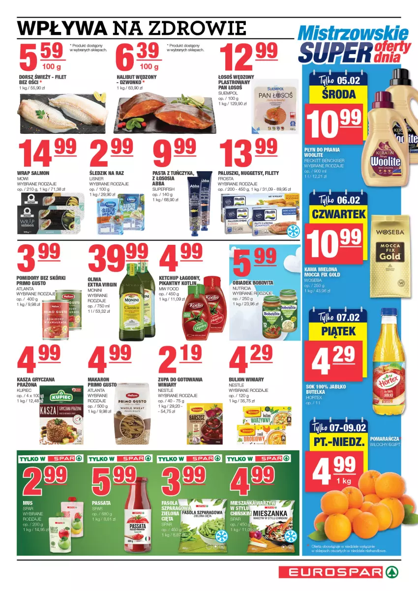 Gazetka promocyjna Spar - EuroSpar - ważna 26.01 do 05.02.2025 - strona 5 - produkty: Bulion, Dorsz, Fa, Fasola, Fasola szparagowa, Frosta, Gin, Gry, Hortex, Kasza, Kasza gryczana, Kawa, Kawa mielona, Ketchup, Kotlin, Kupiec, Lion, Lisner, Makaron, Mocca Fix Gold, Monini, Oliwa, Penne, Piec, Płyn do prania, Pomidory, Ser, Sok, Sos, Suempol, Tuńczyk, Winiary, Woseba, Zdrowie, Zupa