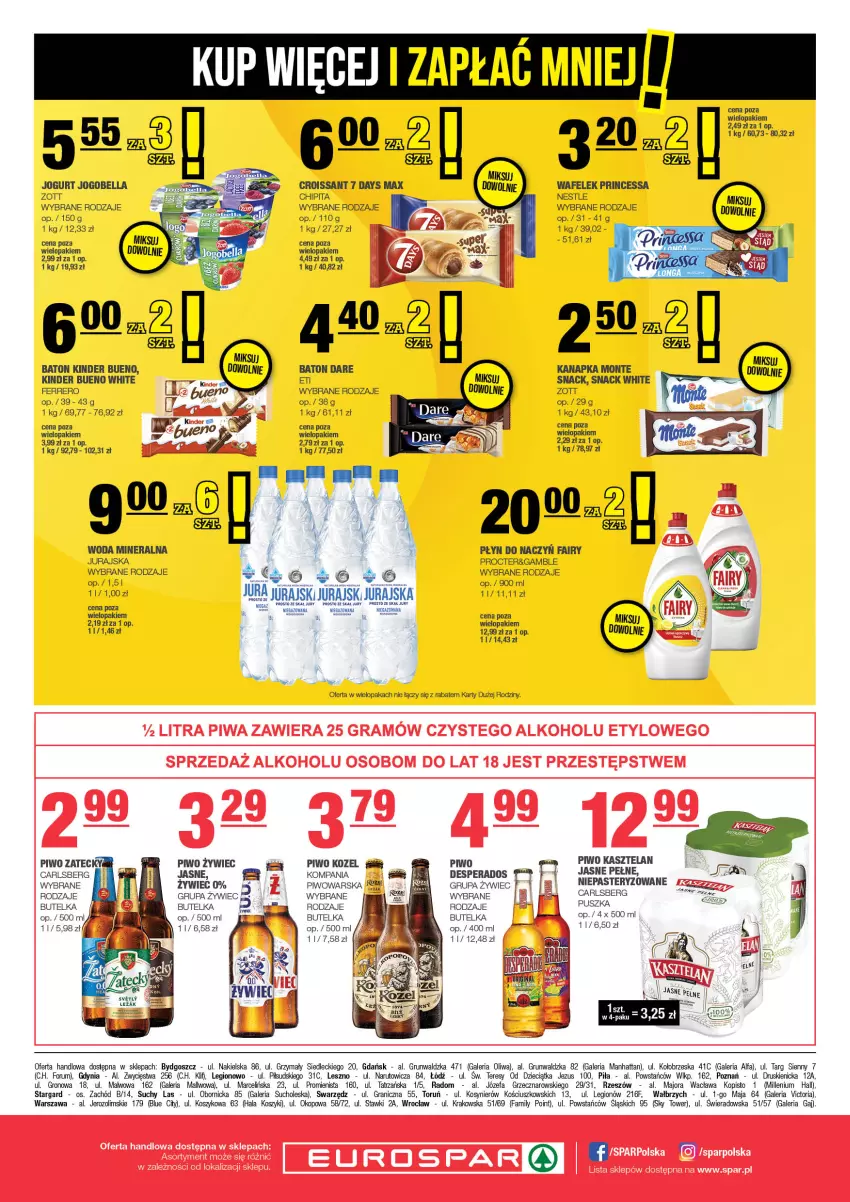 Gazetka promocyjna Spar - EuroSpar - ważna 26.01 do 05.02.2025 - strona 8 - produkty: 7 Days, Baton, Bell, Bella, Carlsberg, Croissant, Desperados, Dzieci, Fa, Fairy, Ferrero, Gra, Jogobella, Jogurt, Kasztelan, Kinder, Kinder Bueno, Kosz, Kozel, Monte, Oliwa, Piwo, Princessa, Rum, Wafelek, Woda, Woda mineralna, Zott