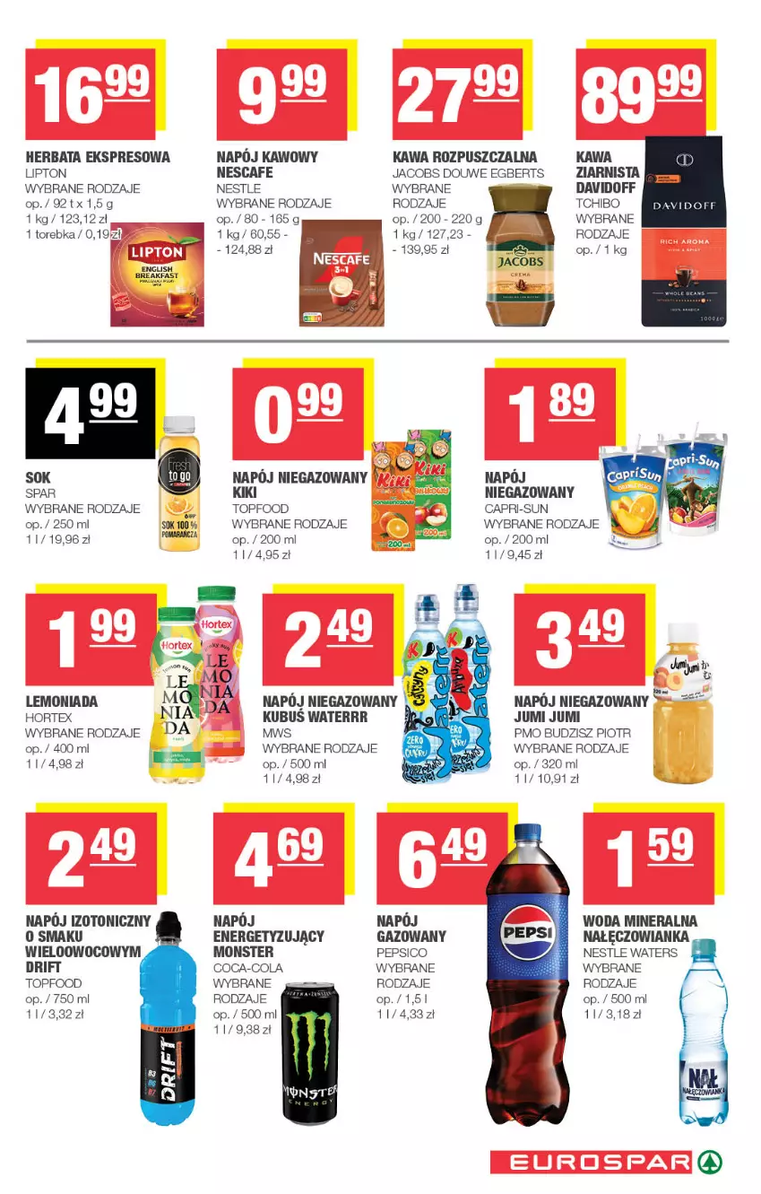 Gazetka promocyjna Spar - EuroSpar - ważna 26.08 do 06.09.2026 - strona 13 - produkty: Coca-Cola, Davidoff, Fa, Herbata, Hortex, Jacobs, Kawa, Kawa rozpuszczalna, Kubuś, Kubuś Waterrr, Lemoniada, Lipton, Nałęczowianka, Napój, Napój niegazowany, Pepsi, Sok, Tchibo, Top, Torebka, Woda, Woda mineralna