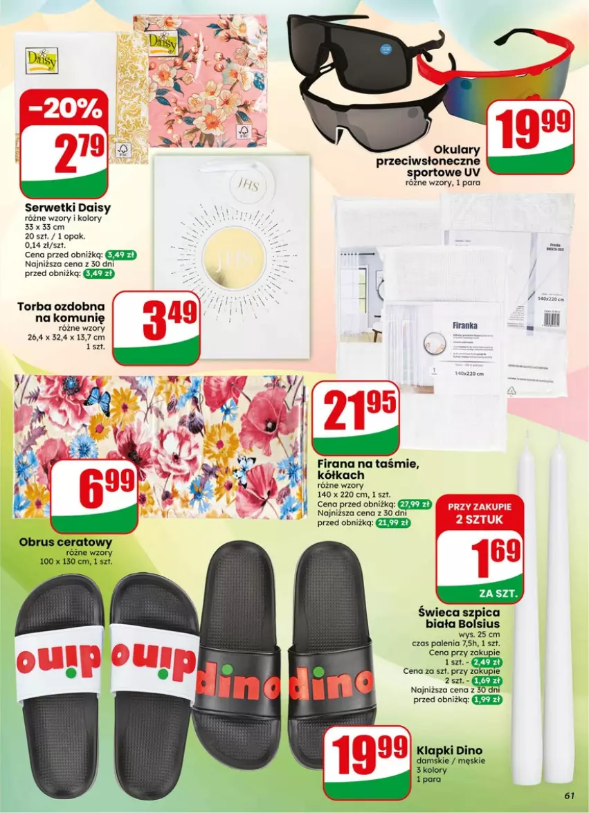 Gazetka promocyjna Dino - Gazetka 19 / 2026 - ważna 06.05 do 12.05.2026 - strona 61 - produkty: Bols, Bolsius, Firana, Klapki, Obrus, Por, Ser, Serwetki, Sport, Szpic, Torba