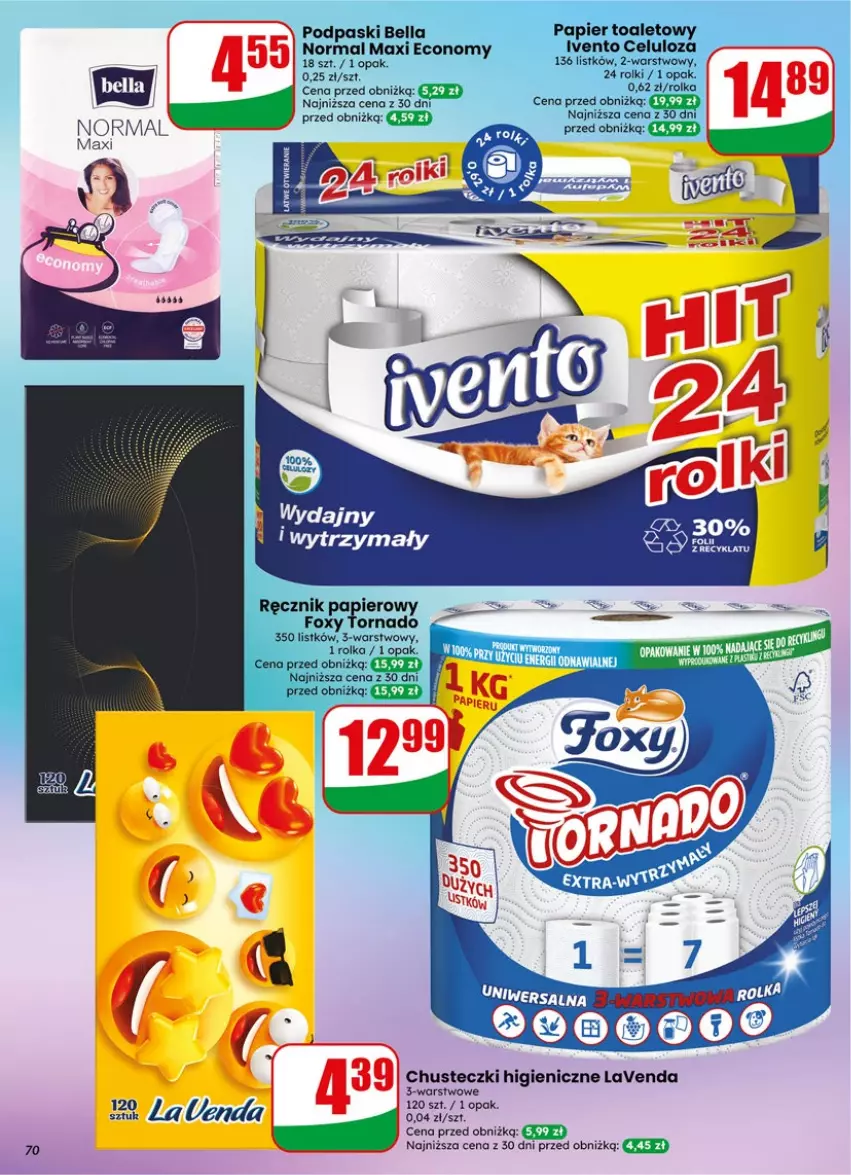 Gazetka promocyjna Dino - Gazetka 19 / 2026 - ważna 06.05 do 12.05.2026 - strona 70 - produkty: Bell, Bella, Chusteczki, Foxy, Papier, Papier toaletowy, Podpaski, Ręcznik, Rolki