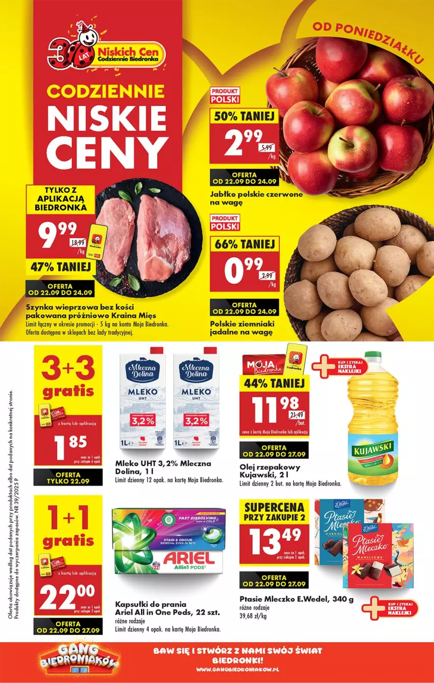 Gazetka promocyjna Biedronka - Od Poniedziałku - ważna 22.09 do 27.09.2025 - strona 1 - produkty: Ariel, Kapsułki do prania, Kret, Kujawski, Mleczko, Mleko, Olej, Olej rzepakowy, Ptasie mleczko, Szynka, Szynka wieprzowa, Ziemniaki